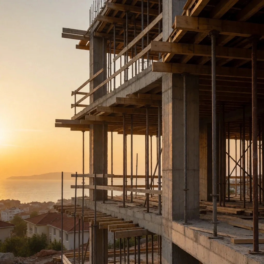 İnşaat halindeki modern konut yapısı, İstanbul kıyıları