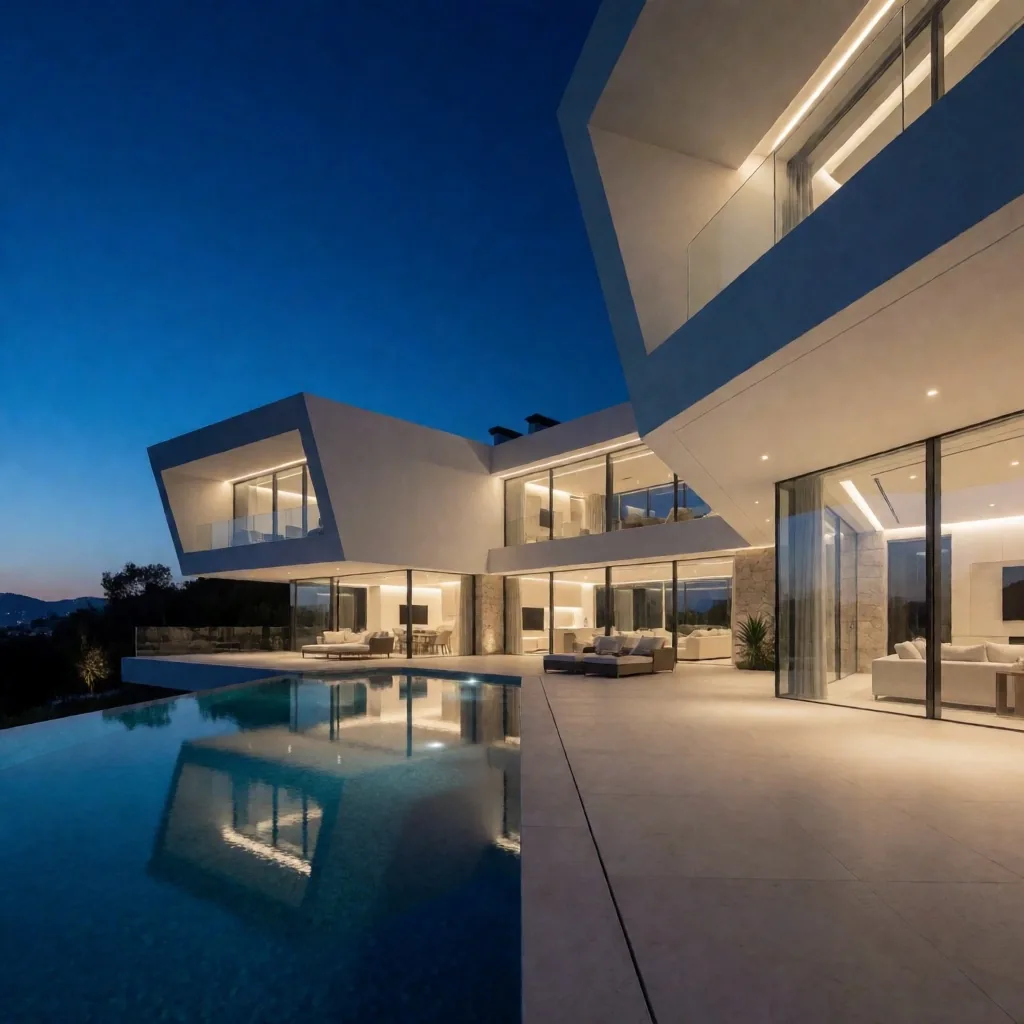Tamamlanmış lüks villa, akşam ışıkları