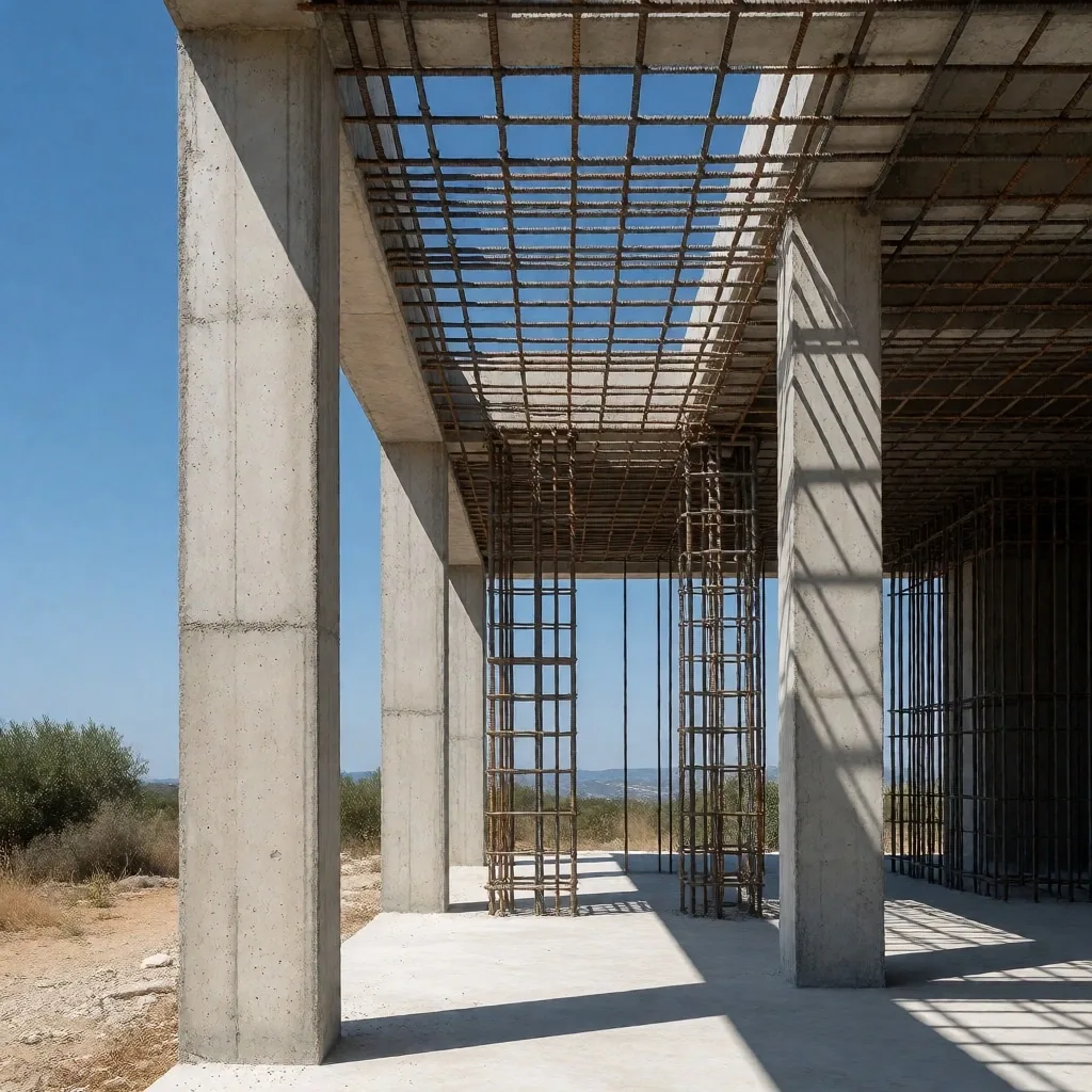Active villa construction site with structural frame
