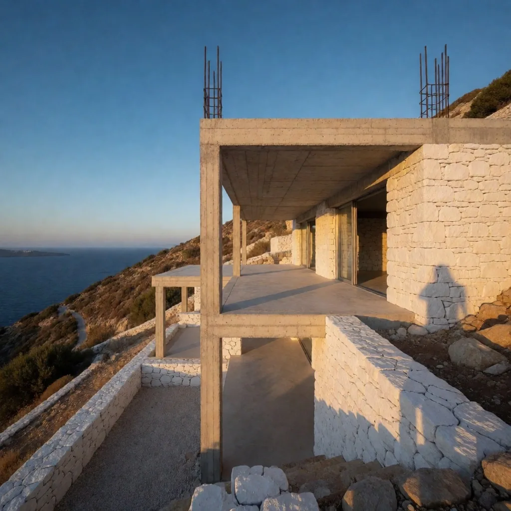 Aegean coast modern villa under construction at golden hour