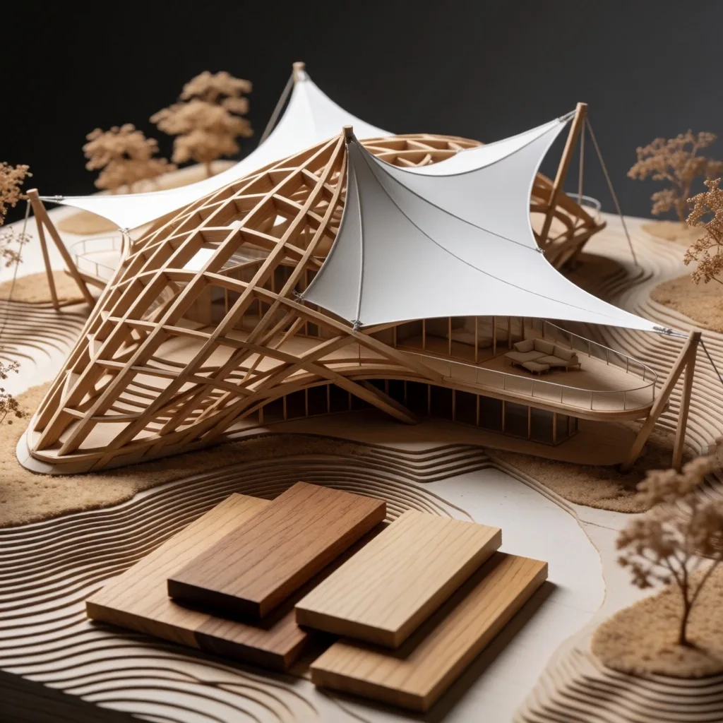 Architectural concept model with timber grid shell