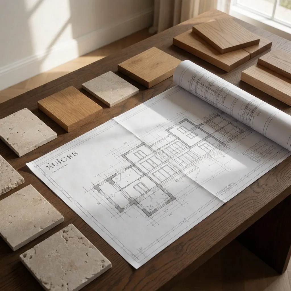 Architectural blueprint with material samples on desk