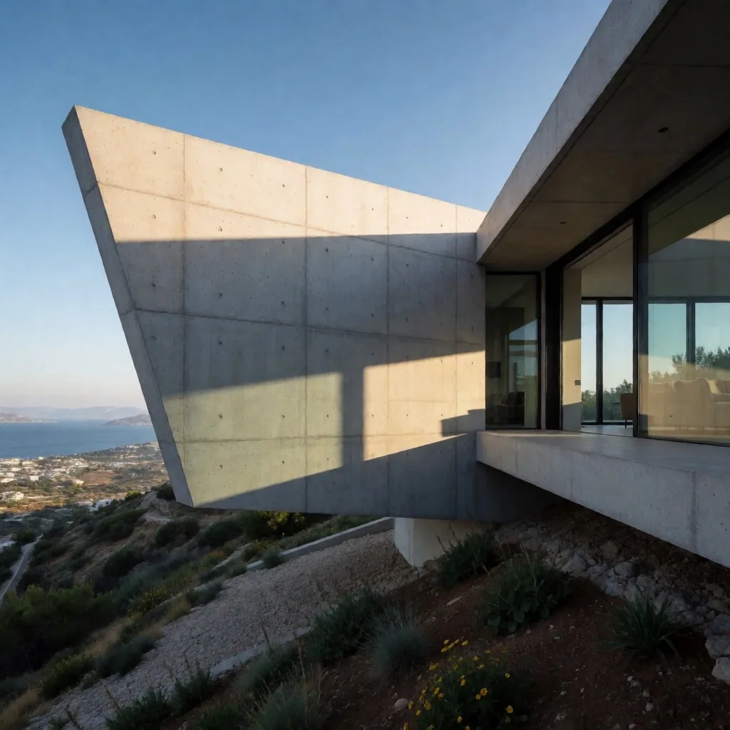 Modern villa with cantilevered structure on hillside terrain