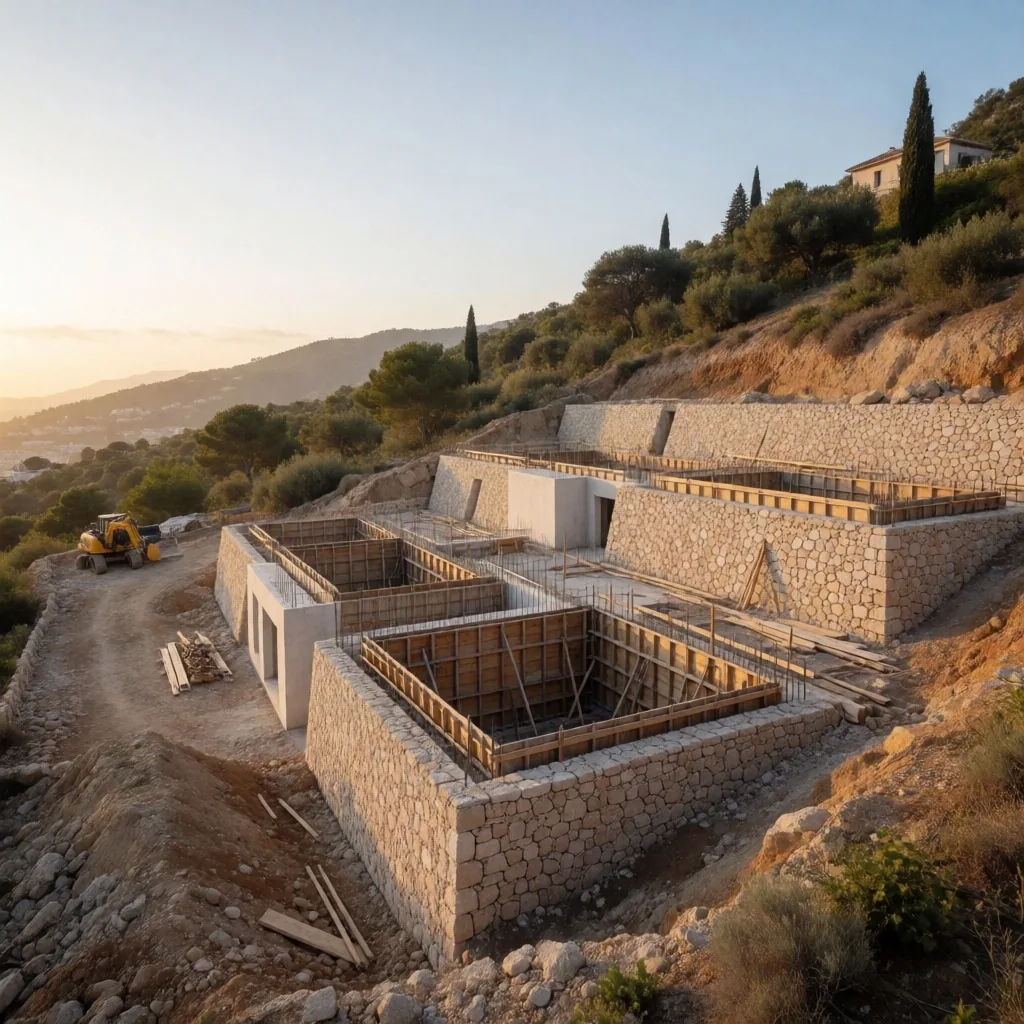 Wide hillside construction site with terraced foundations