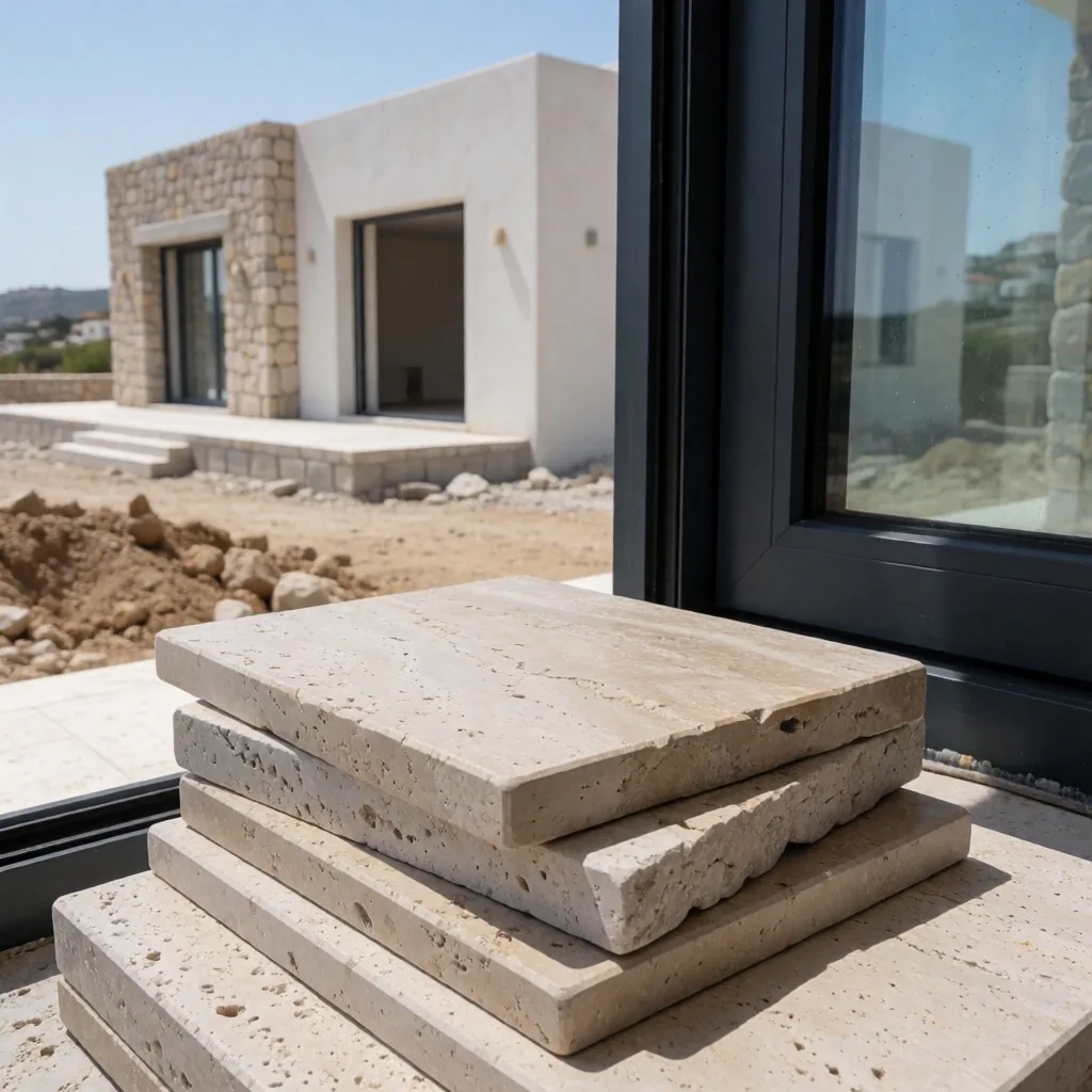 Aegean coast villa construction site at golden hour